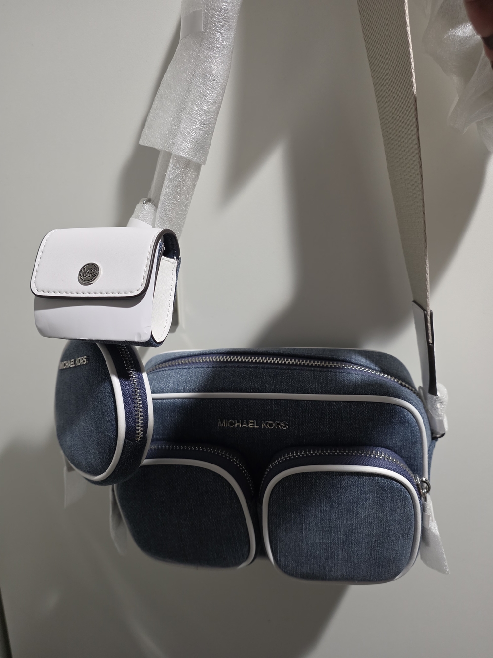 Michael Kors Navy Denim Crossbody Bag with White Accents
